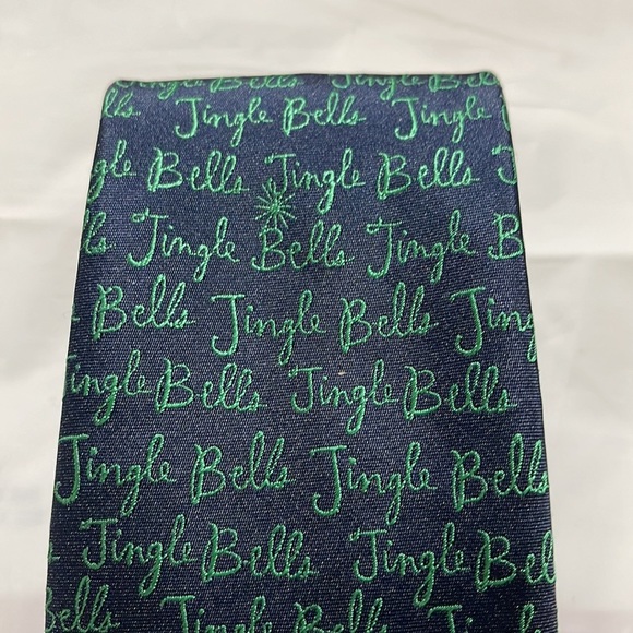 MMG Holiday Traditions men’s tie by Hallmark- nice blue w/ green Jingle Bells - Picture 2 of 5